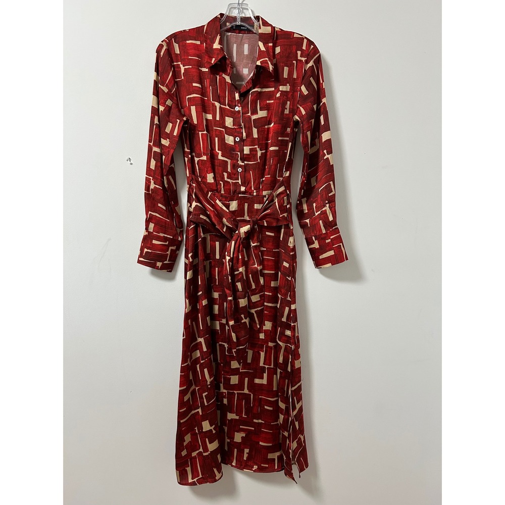 Mango Geometric Print Midi Shirt Dress Women Small Red Satin Long Sleeve Tie